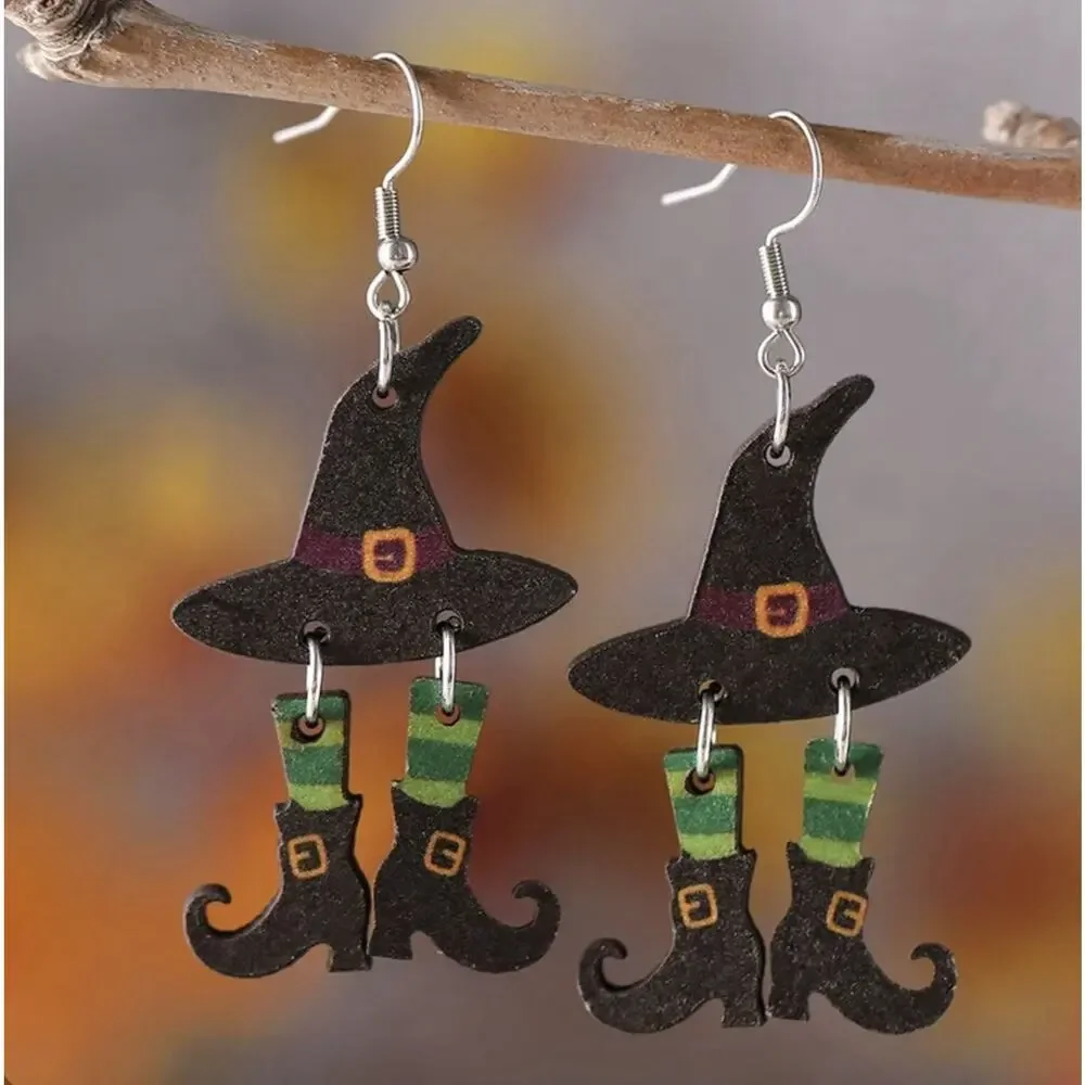 Witch Hat‎ Green Stockings Dangle 2D Earrings, Green Black Halloween NEW